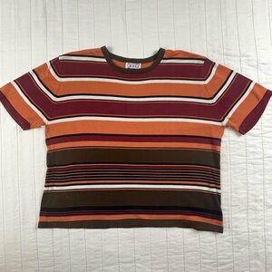 Vintage Anna Gray Silk Cotton Blend Knit Striped Short Sleeve Top XL